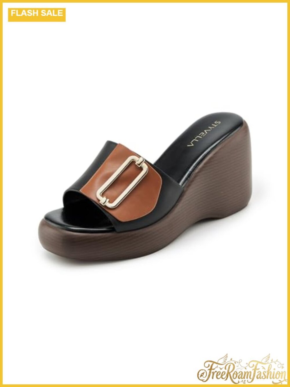 Platform Wedge Sandals Two-Tone Open Toe Slides Gold Buckle